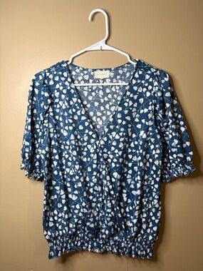 MELLODAY Blue Floral Wrap-Style Blouse